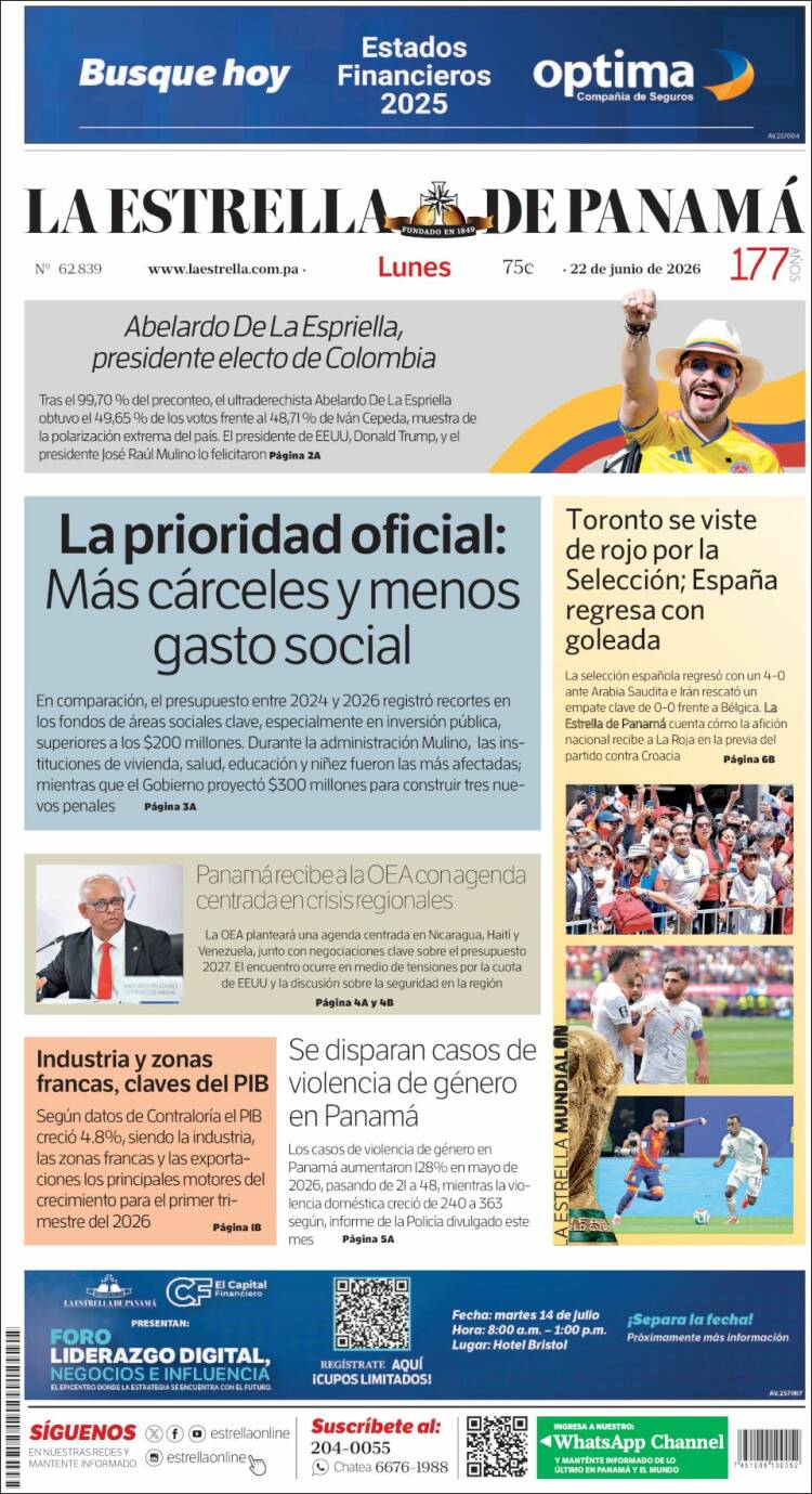 Portada de La Estrella de Panamá (Panam&aacute;)