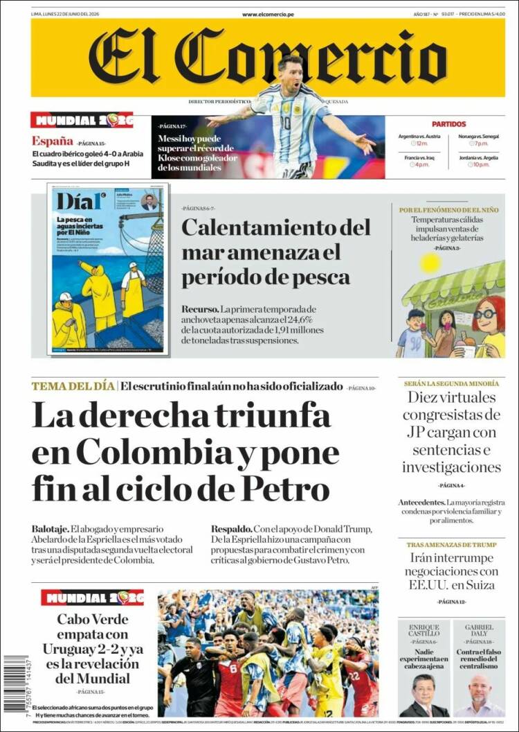 Portada de El Comercio (Per&uacute;)