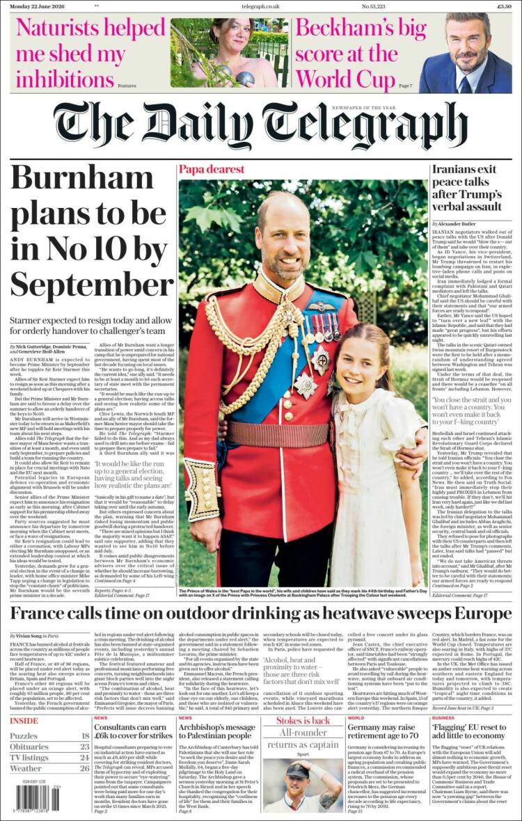 Portada de Daily Telegraph (Reino Unido)