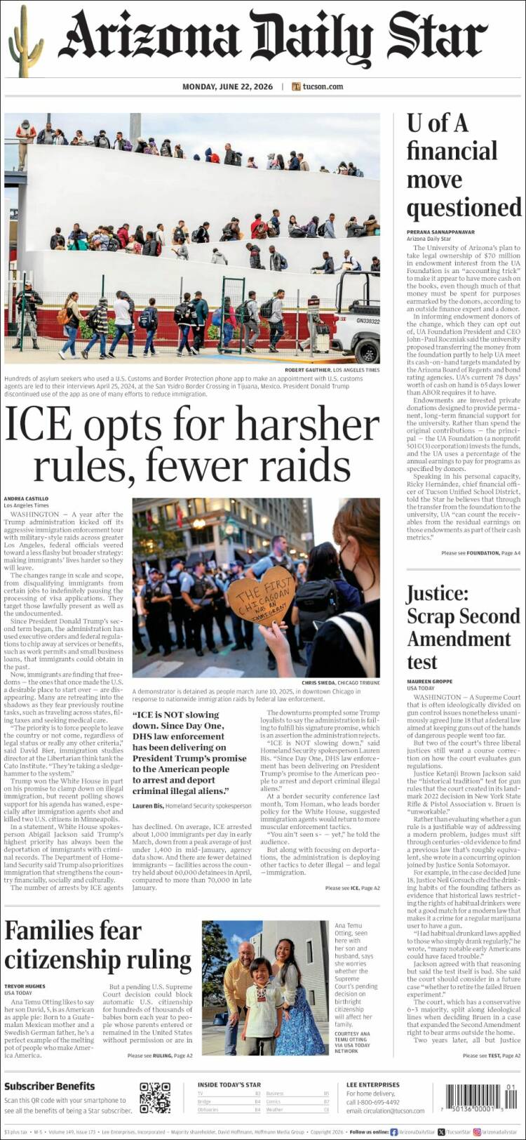 Portada de Arizona Daily Star (USA)