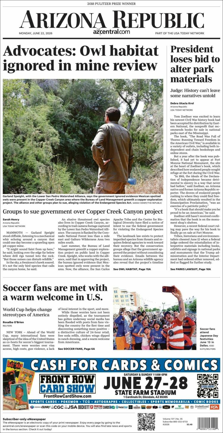 Portada de Arizona Republic News (USA)