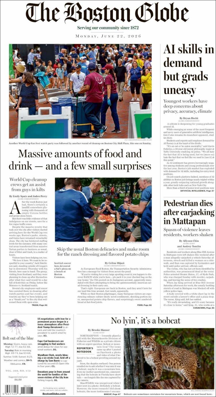 Portada de Boston Globe (USA)