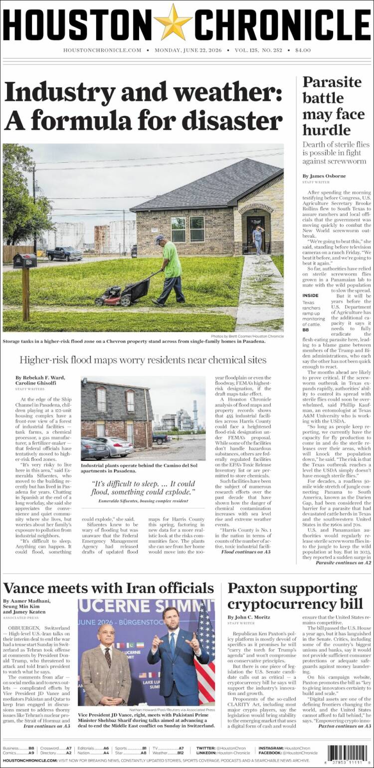 Portada de Houston Chronicle (USA)