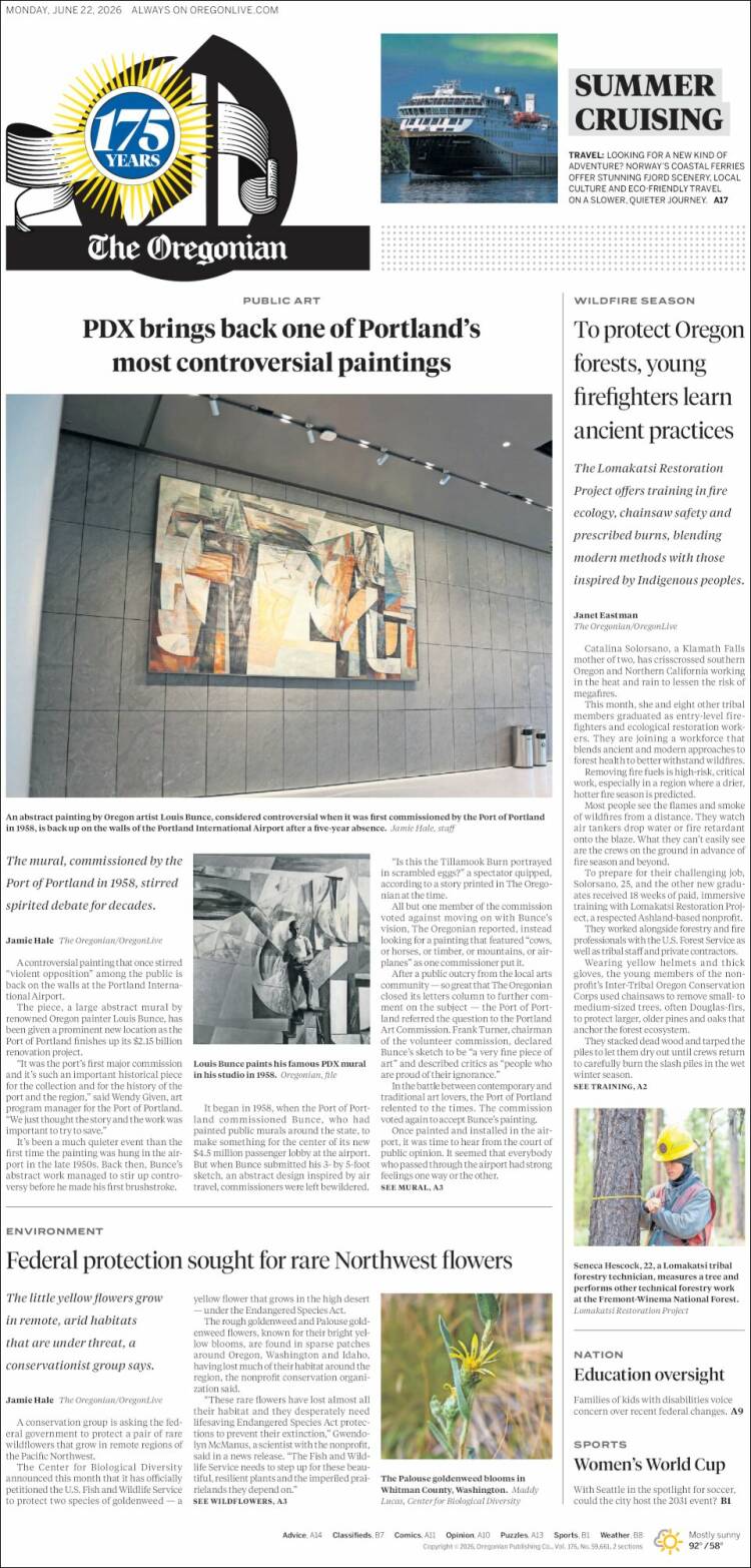 Portada de The Oregonian (USA)