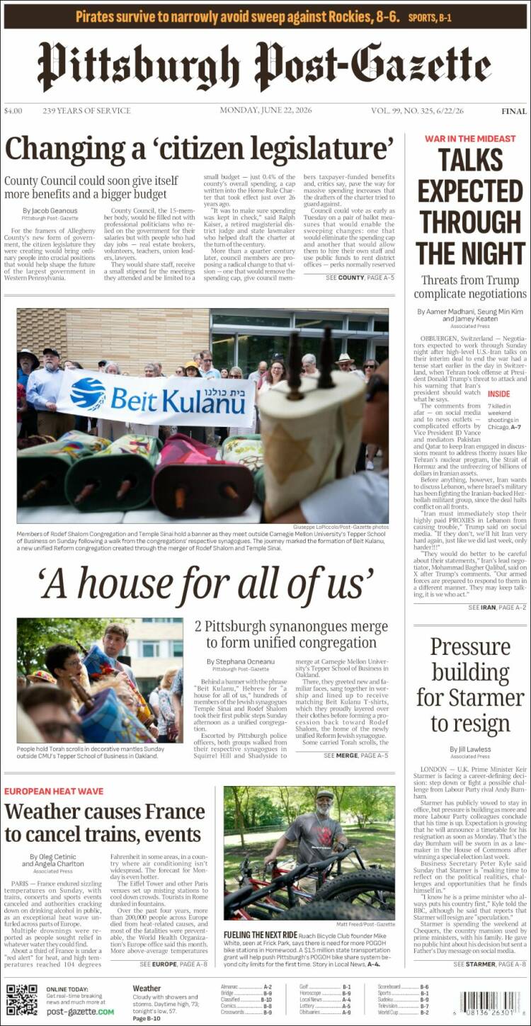 Portada de Pittsburgh Post-Gazette (USA)