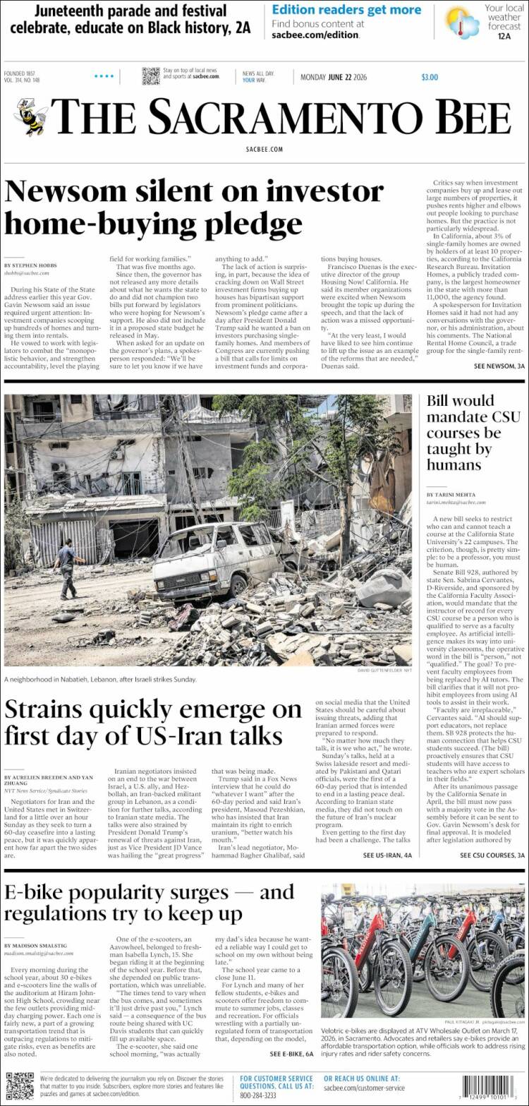 Portada de The Sacramento Bee (USA)
