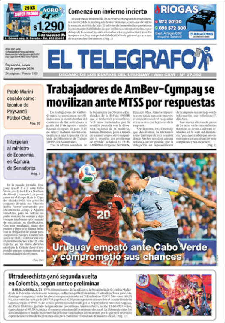 Portada de El Telégrafo (Uruguay)