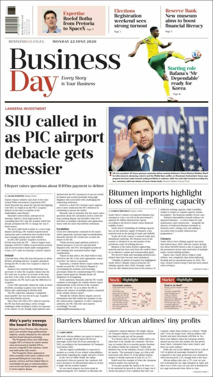 Portada de Business Day (Sud&aacute;frica)