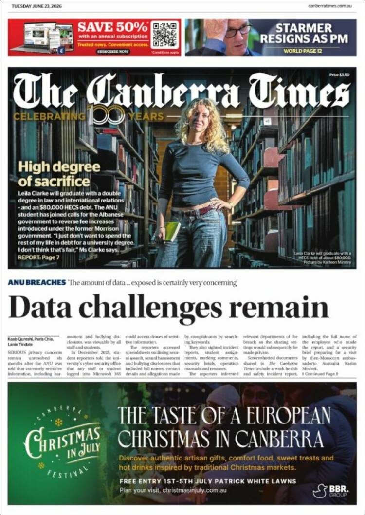 Portada de The Canberra Times (Australia)