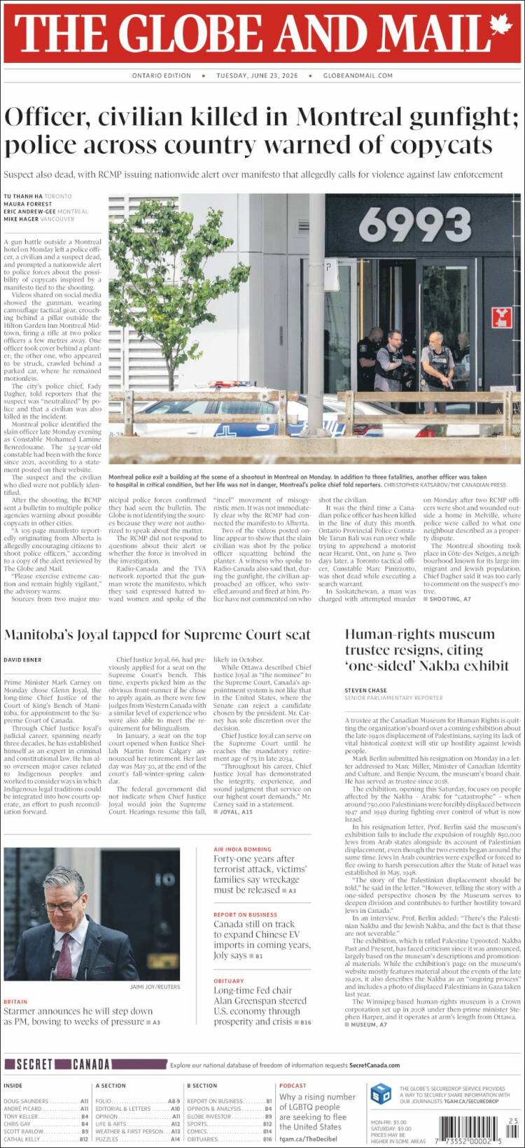 Portada de The Globe and Mail (Canad&aacute;)