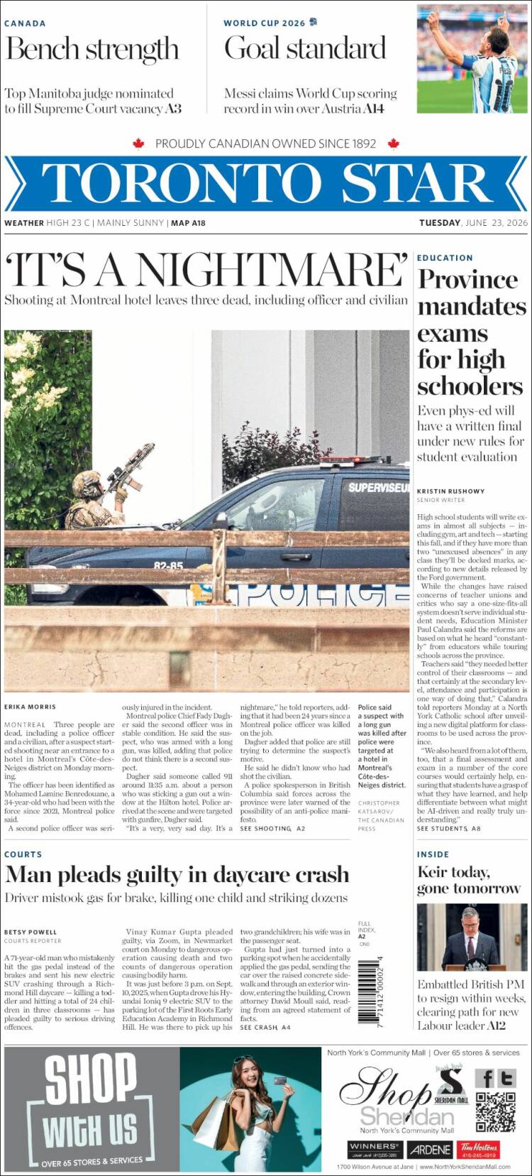 Portada de The Toronto Star (Canad&aacute;)