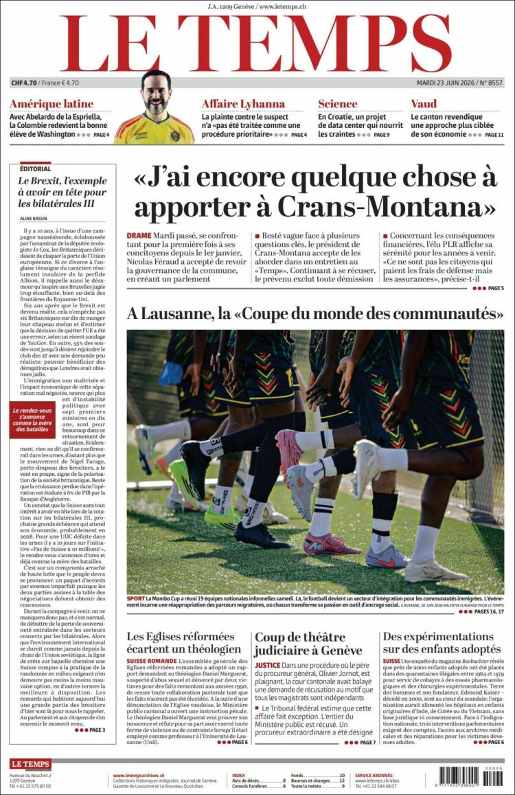 Portada de Le Matin (Suiza)
