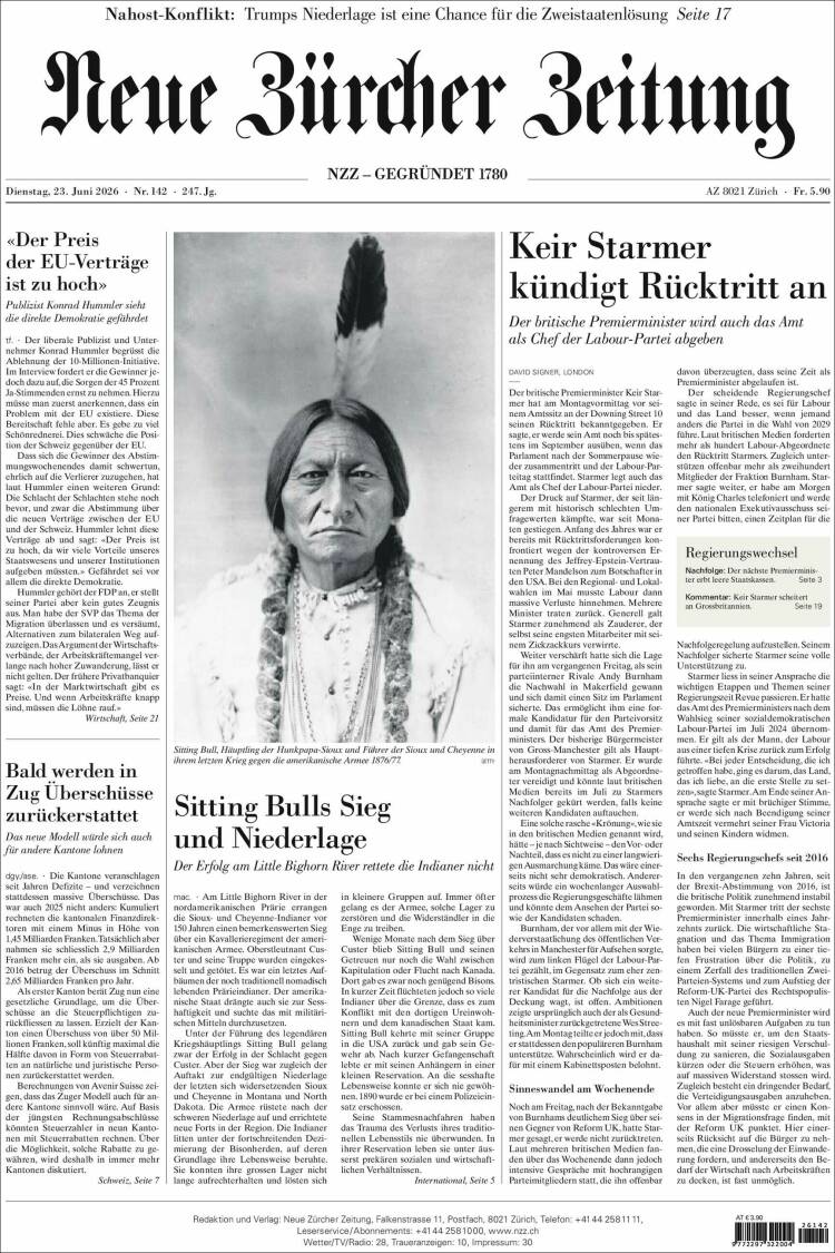 Portada de Neue Zürcher Zeitung (Suiza)