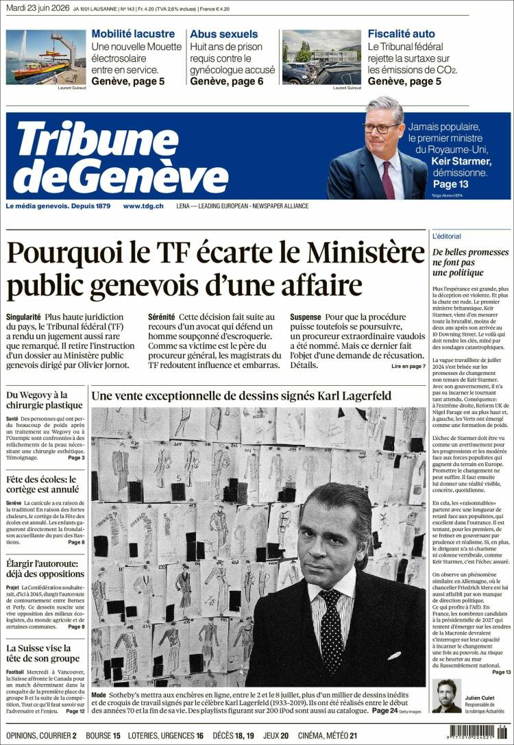 Portada de La Tribune de Genève (Suiza)