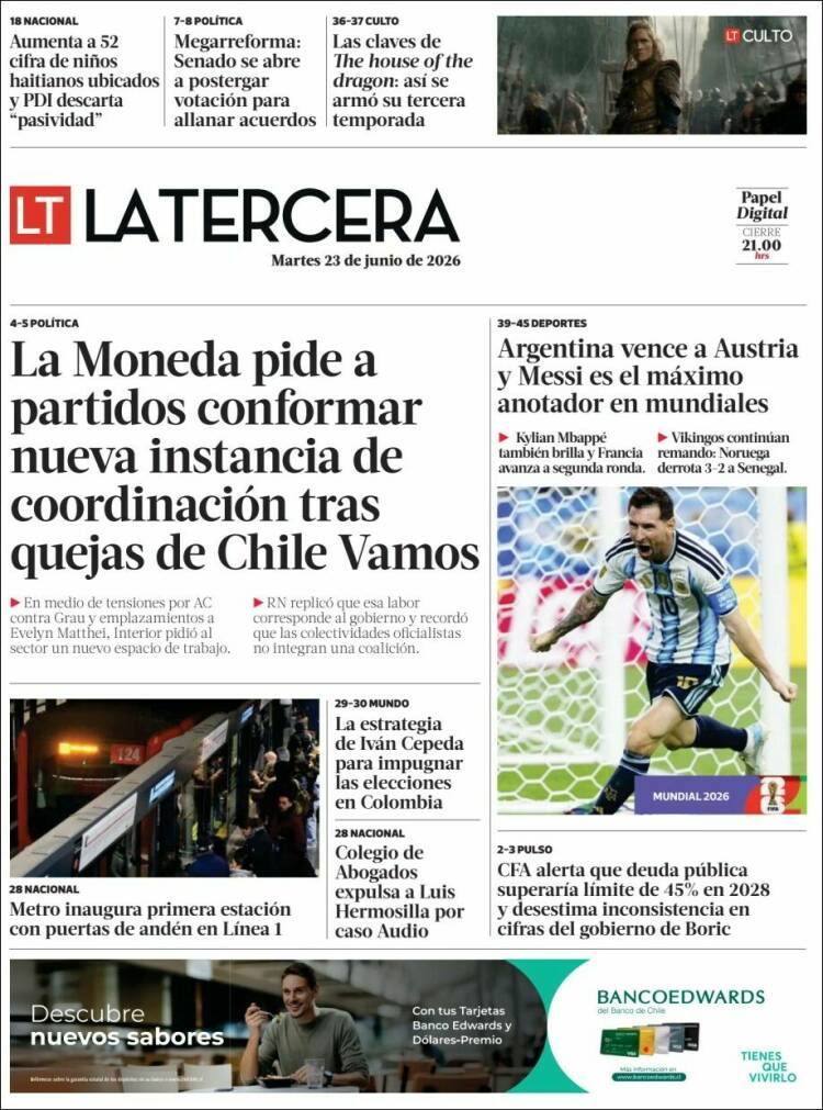 Portada de La Tercera (Chile)