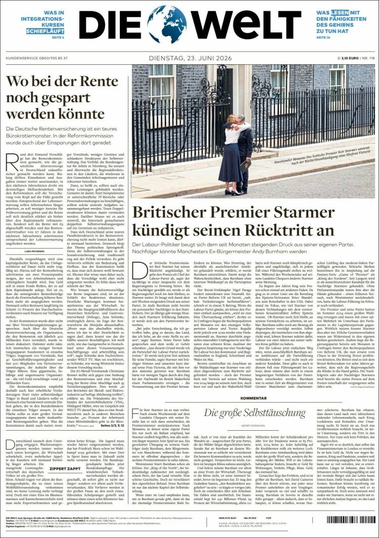Portada de Die Welt (Alemania)
