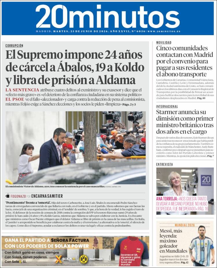 Portada de 20 Minutos - Madrid (Espa&ntilde;a)