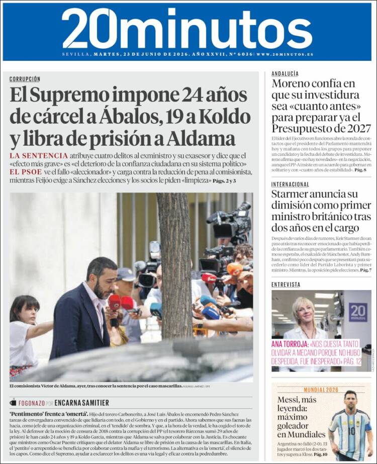 Portada de 20 Minutos - Sevilla (Espa&ntilde;a)