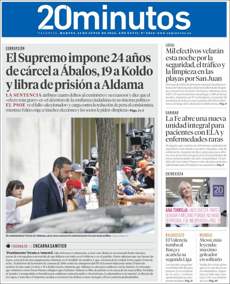 Portada de 20 Minutos - Valencia (Espa&ntilde;a)