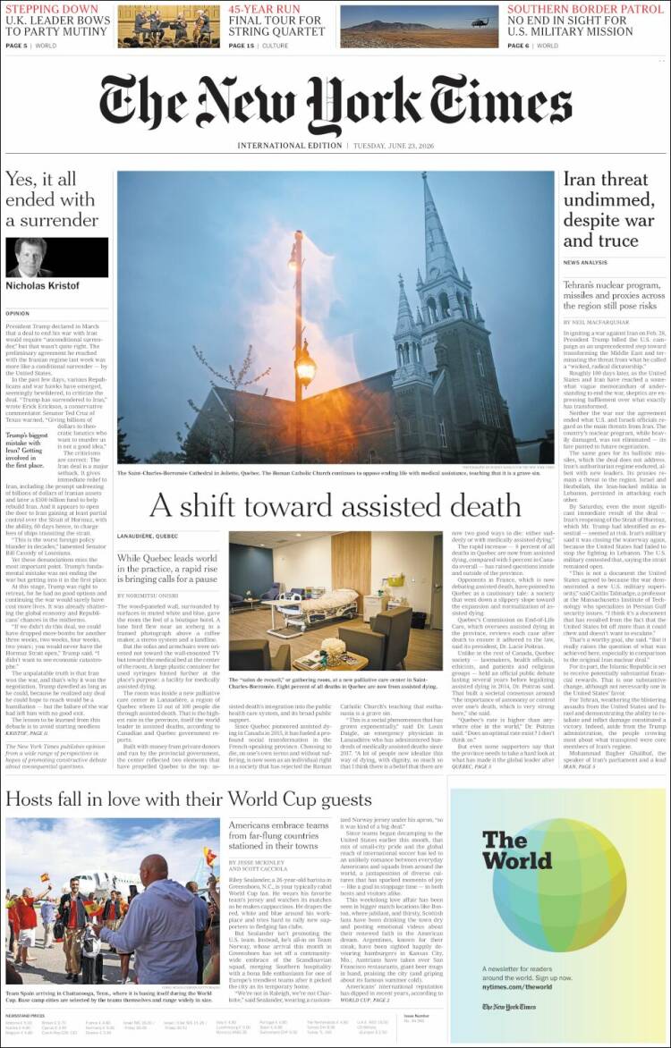 Portada de International New York Times (Europa)