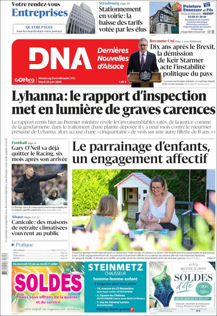 Portada de Les Dernières Nouvelles d'Alsace (Francia)