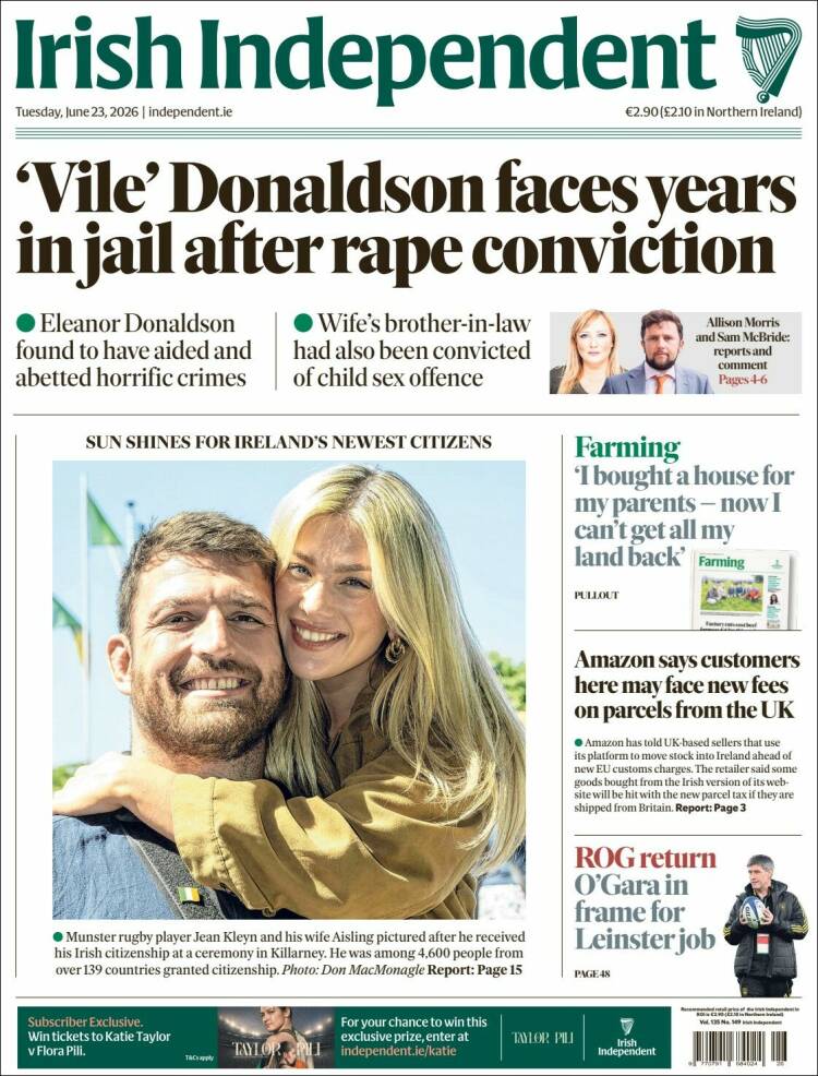 Portada de Irish Independent (Irlanda)