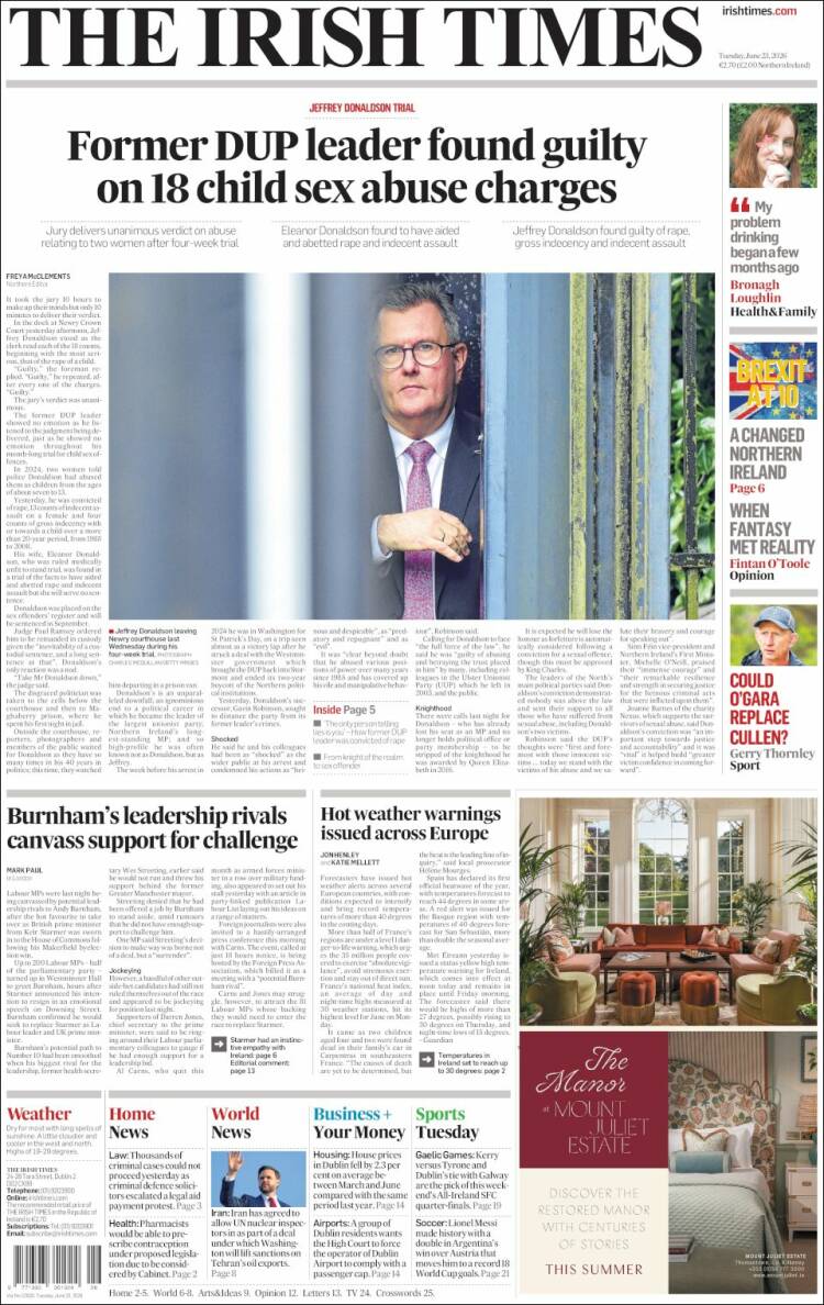 Portada de Irish Times (Irlanda)