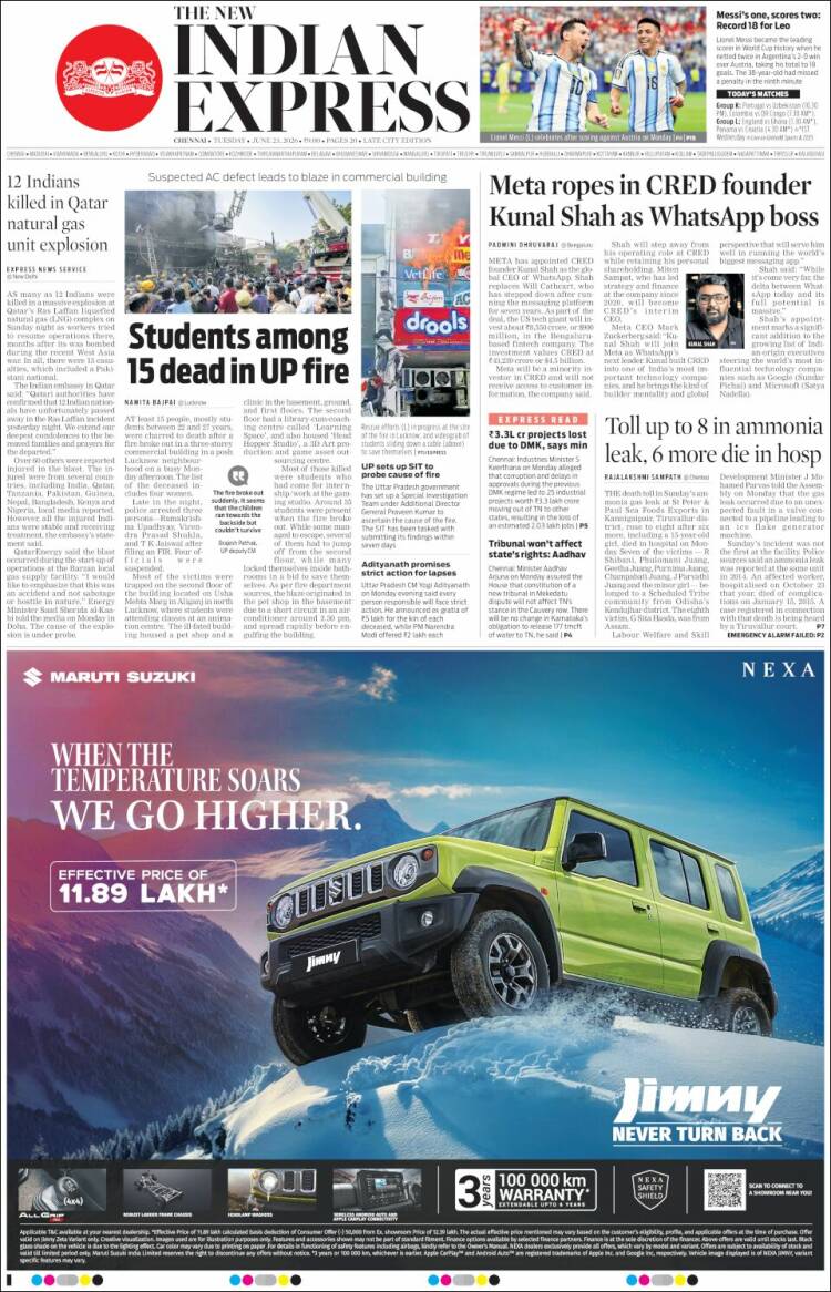 Portada de New Indian Express (India)