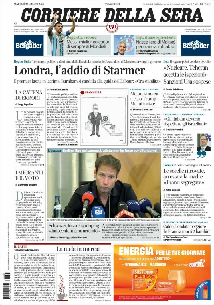 Portada de Corriere della Sera (Italia)