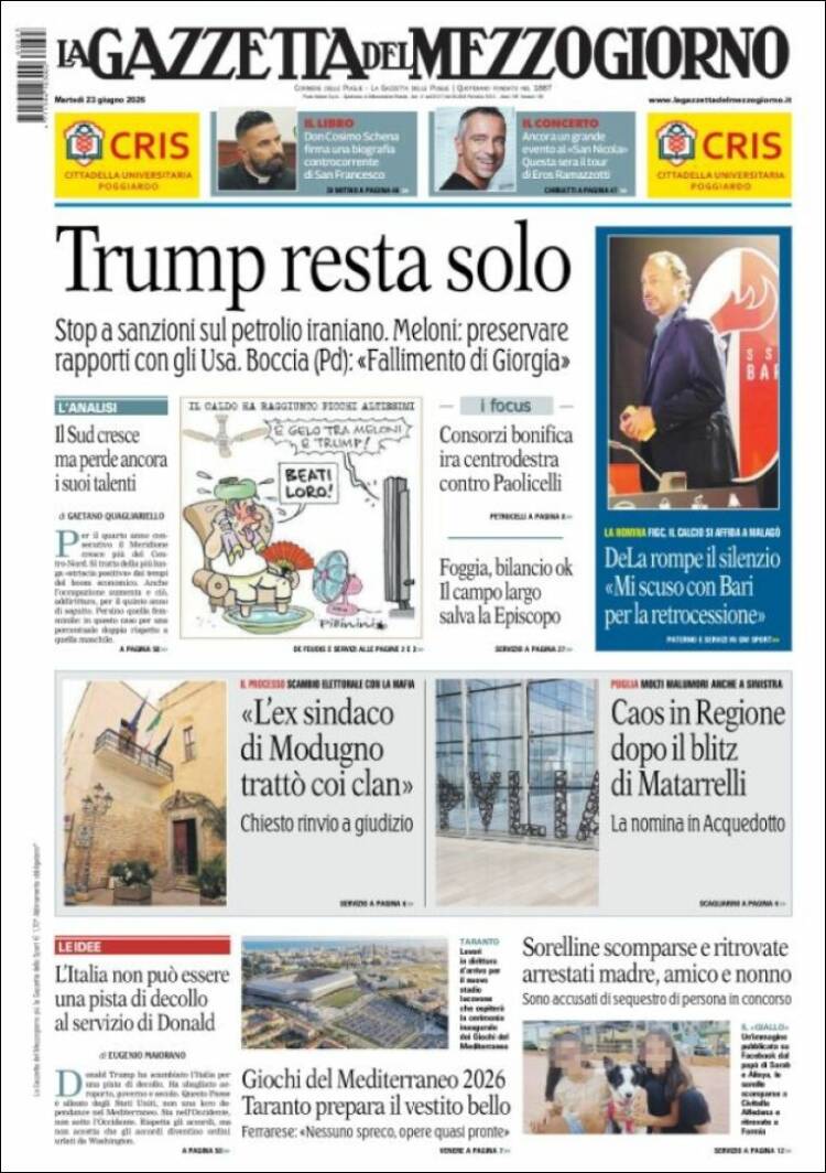 Portada de La Gazzetta del Mezzogiorno (Italia)