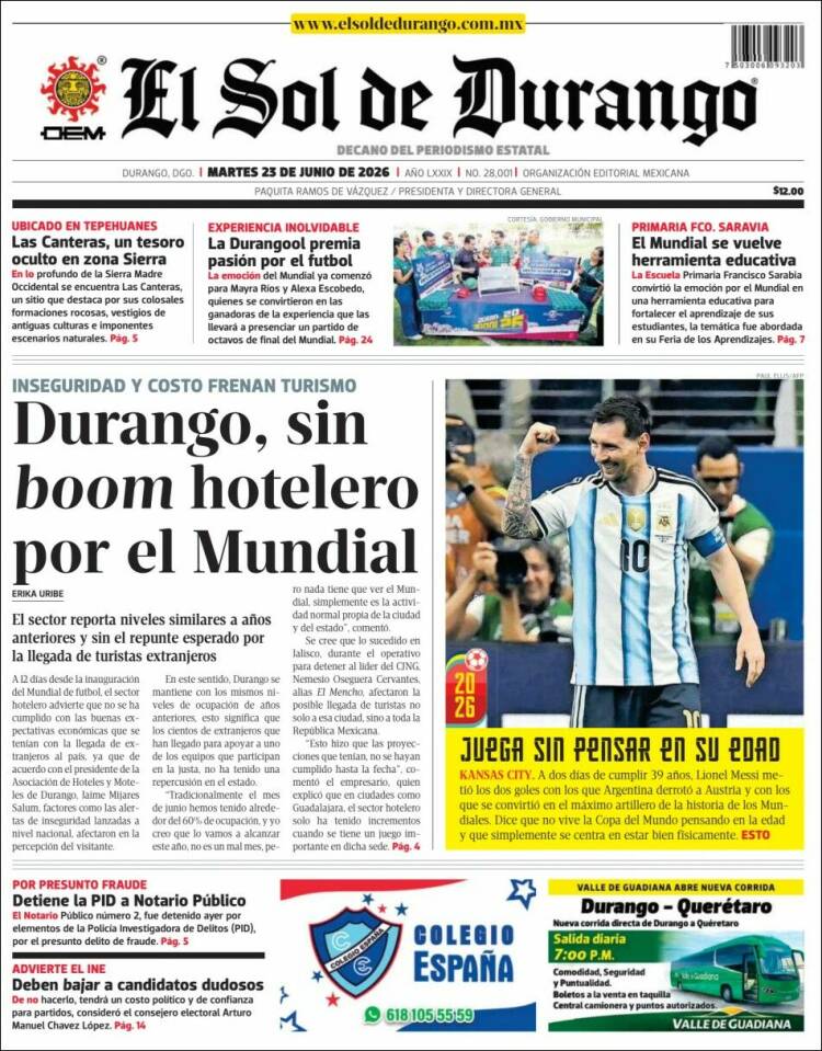 Portada de El Sol de Durango (M&eacute;xico)