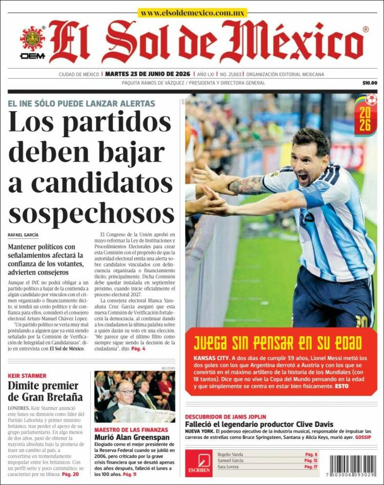 Portada de El Sol de México (M&eacute;xico)