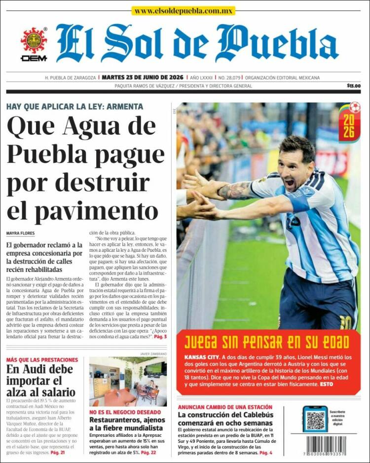 Portada de El Sol de Puebla (M&eacute;xico)