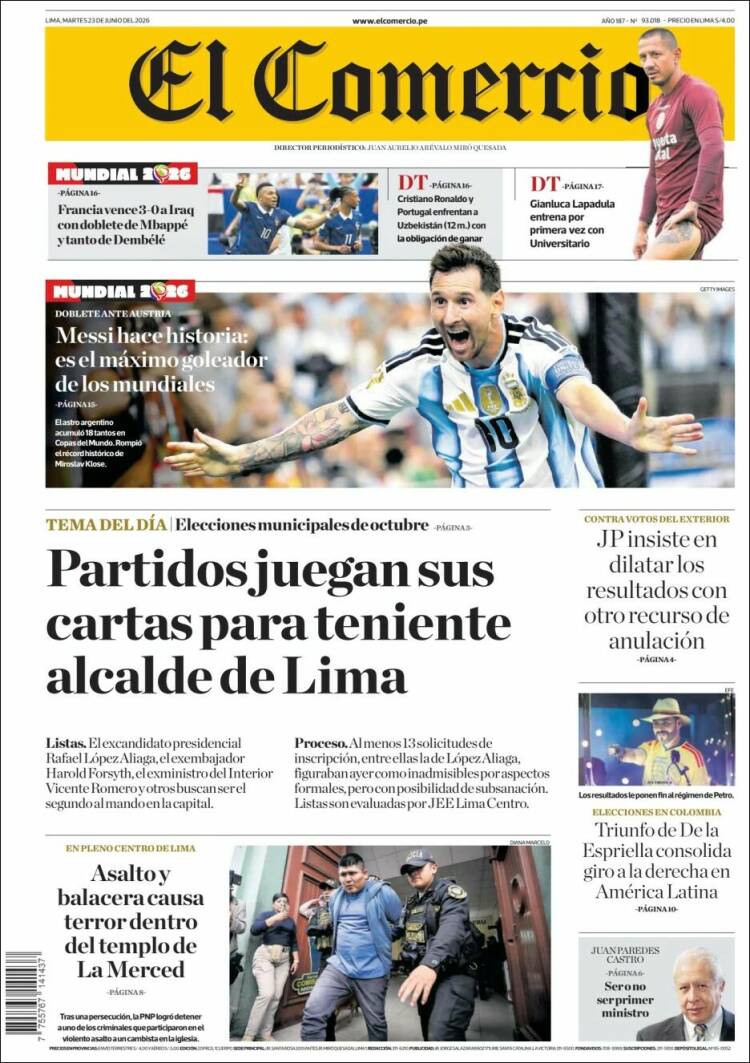 Portada de El Comercio (Per&uacute;)