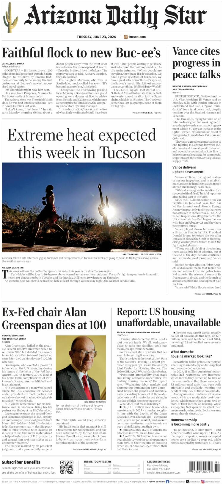 Portada de Arizona Daily Star (USA)
