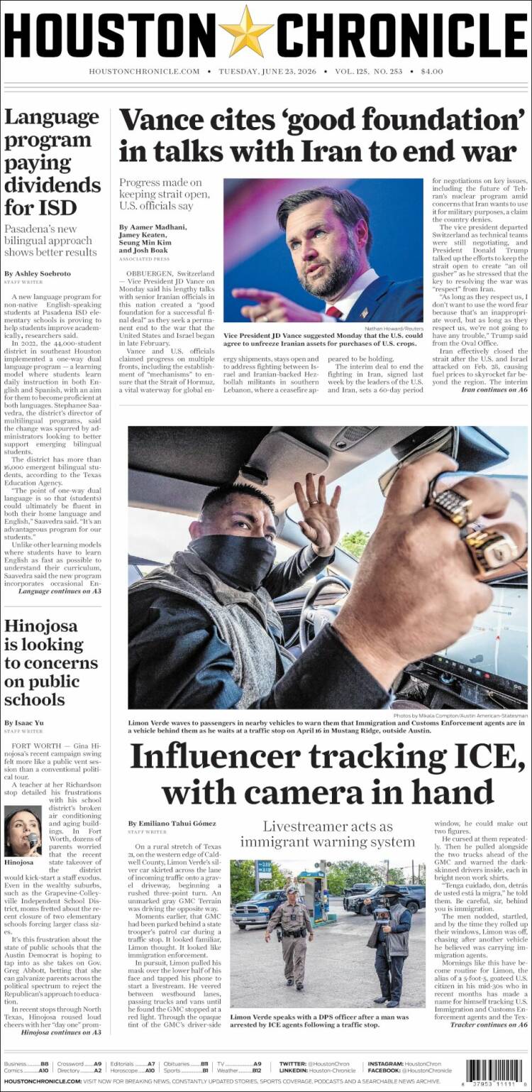 Portada de Houston Chronicle (USA)