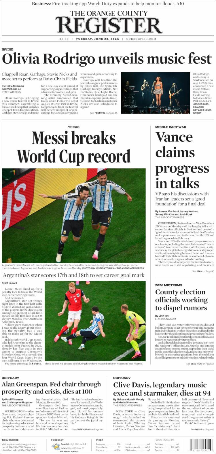 Portada de The Orange County Register (USA)