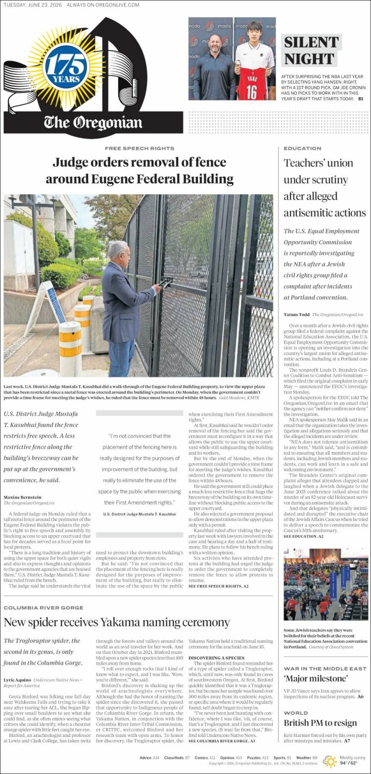 Portada de The Oregonian (USA)