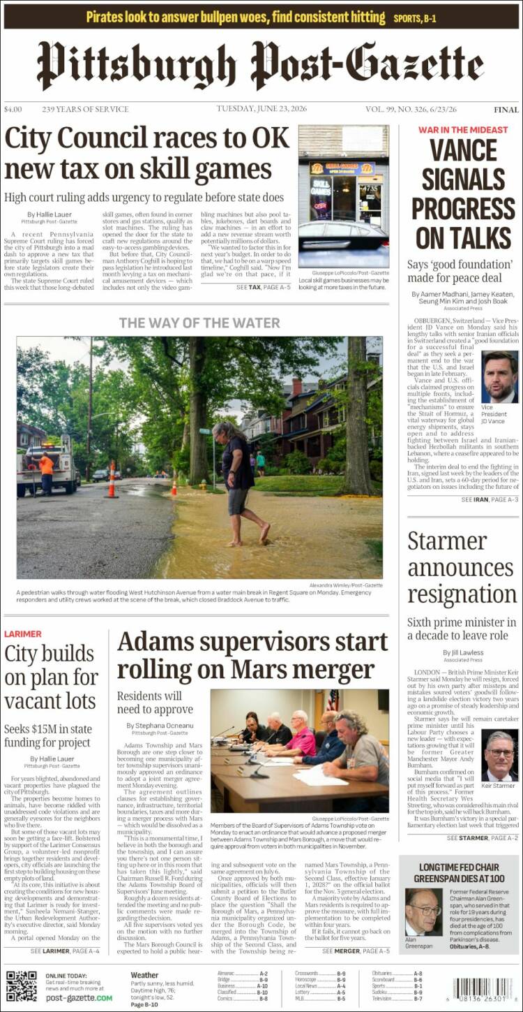 Portada de Pittsburgh Post-Gazette (USA)
