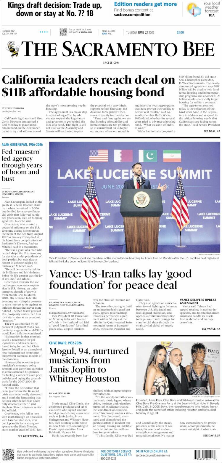 Portada de The Sacramento Bee (USA)