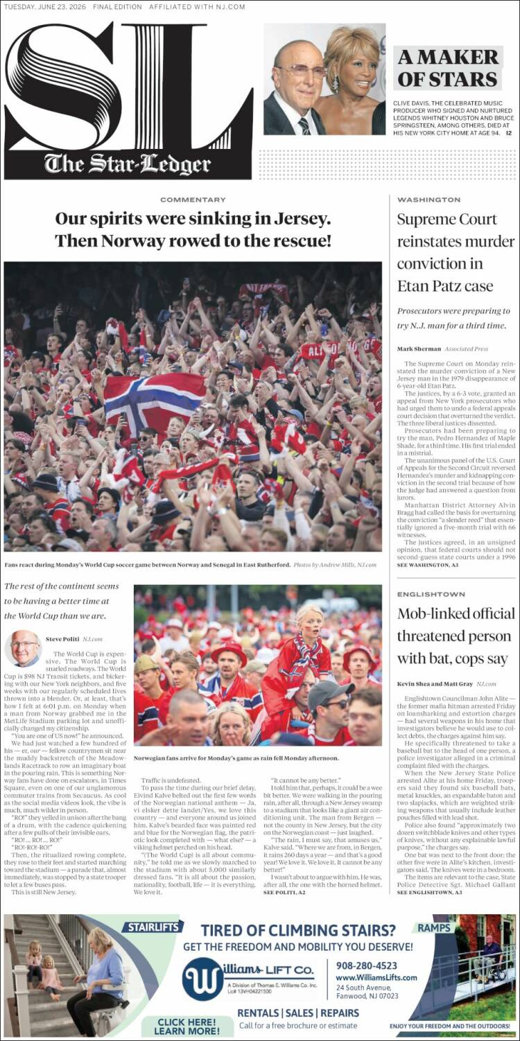 Portada de Star-Ledger (USA)