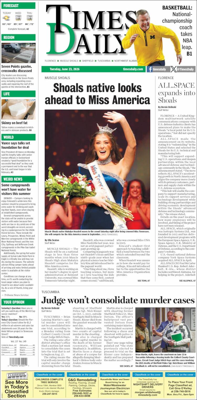 Portada de Times Daily (USA)