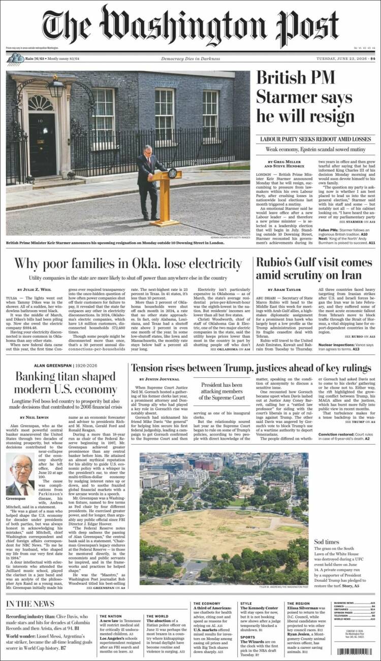 Portada de The Washington Post (USA)