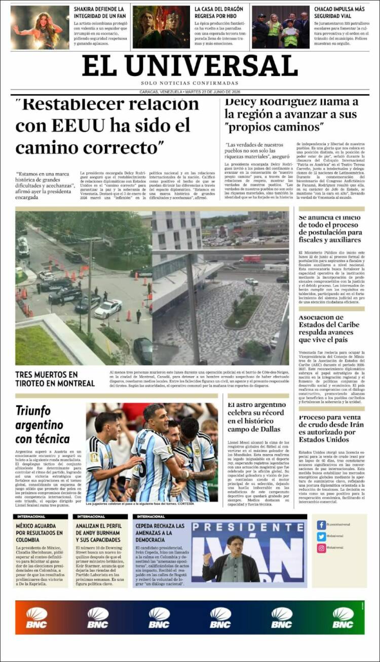 Portada de Universal (Venezuela)