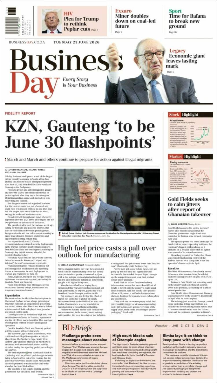 Portada de Business Day (Sud&aacute;frica)