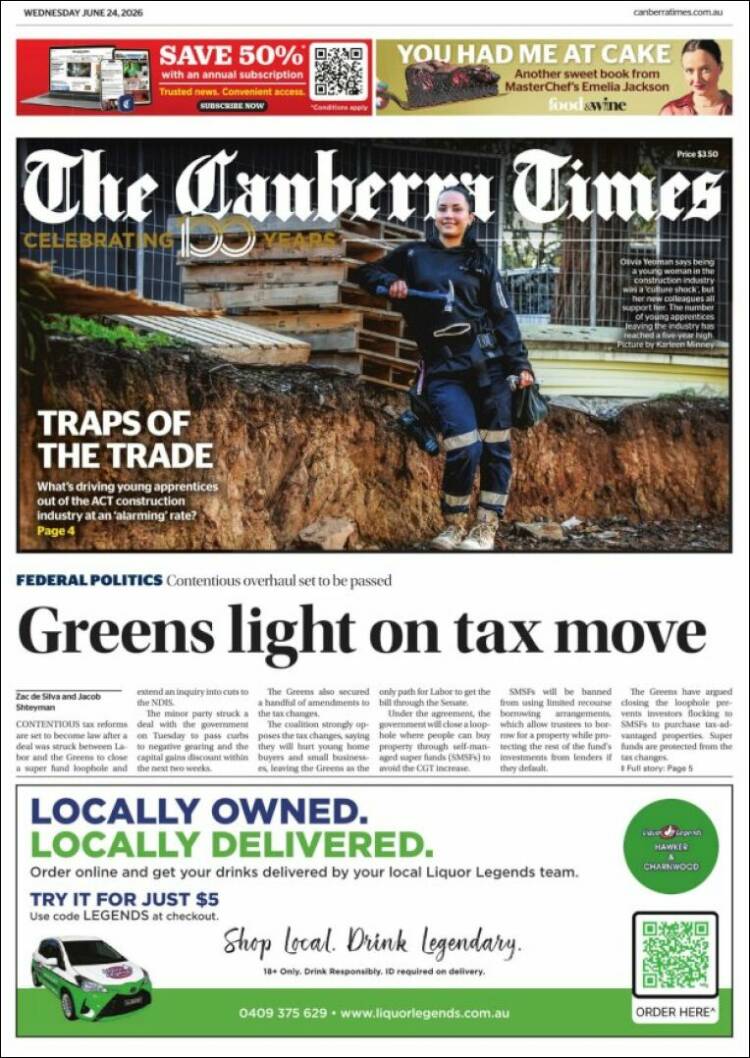 Portada de The Canberra Times (Australia)