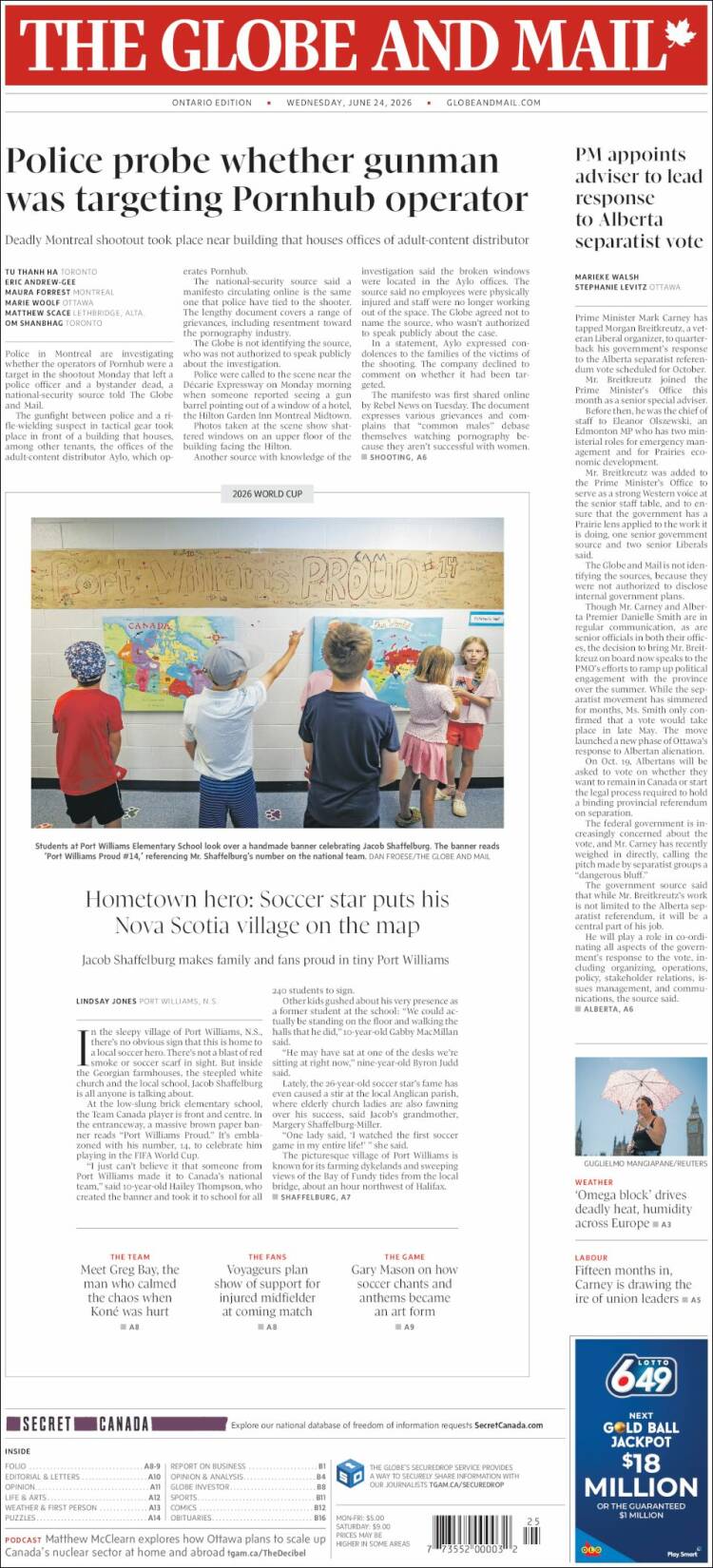 Portada de The Globe and Mail (Canada)