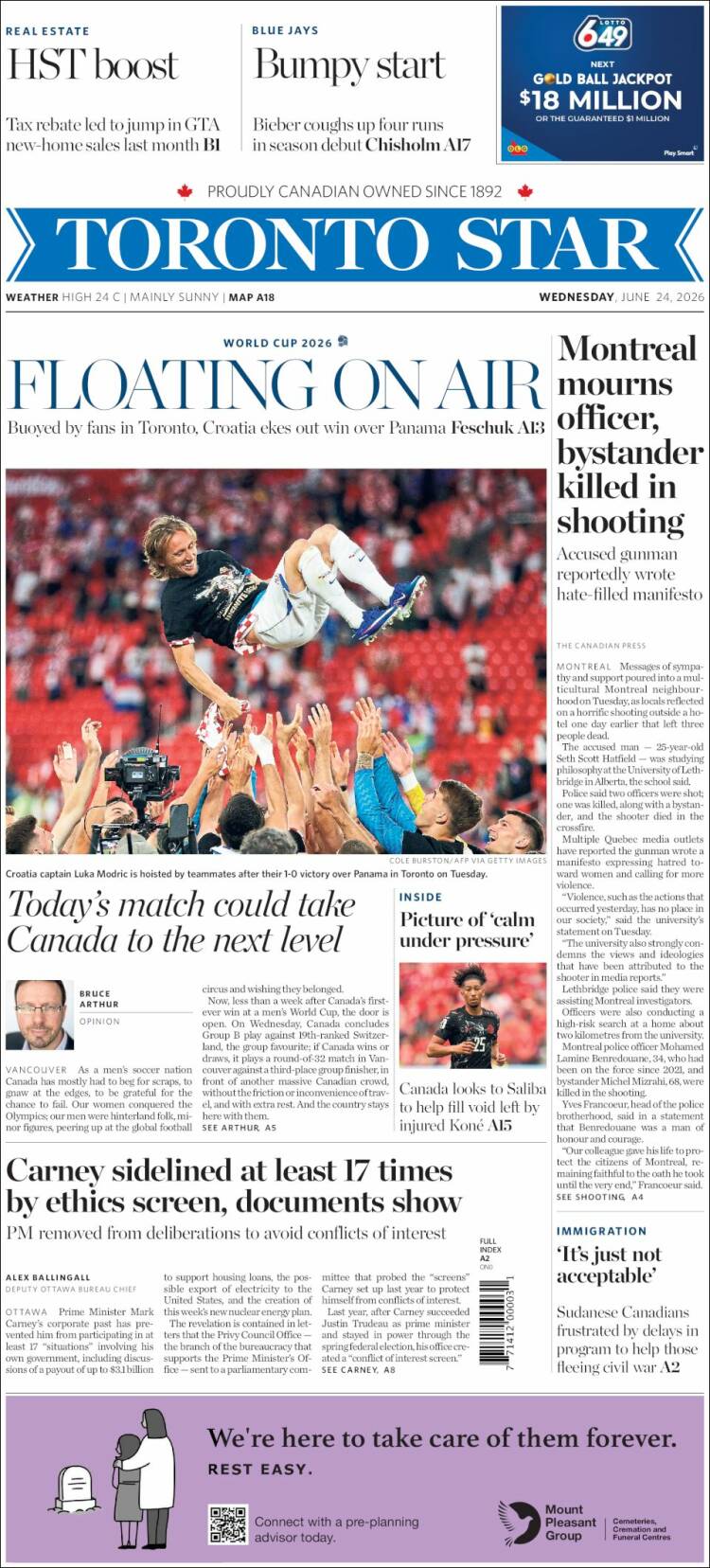 Portada de The Toronto Star (Canada)
