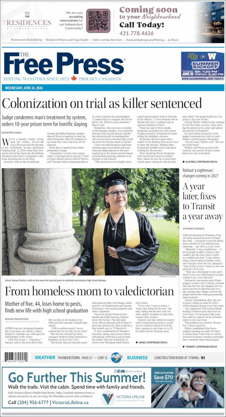 Portada de Winnipeg Free Press (Canad&aacute;)