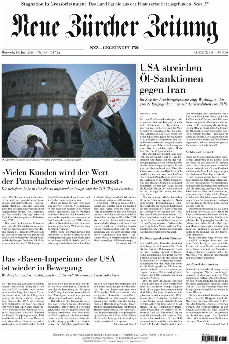 Portada de Neue Zürcher Zeitung (Suiza)